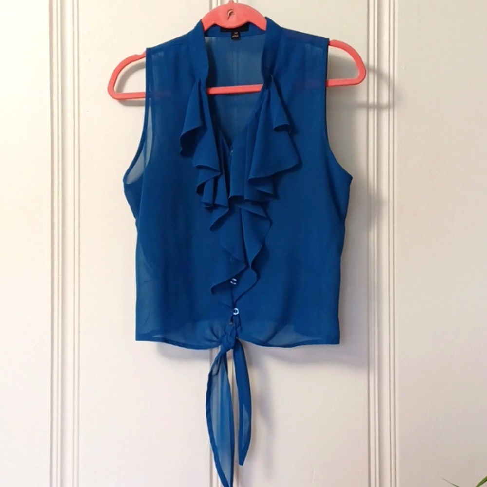 Mine - Teal Ruffle Collar Sheer Button-up Sleeveless Blouse with Tie Front WM